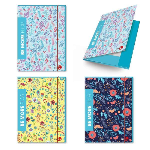 BE MORE BABY CARTELLINA A 3 LEMBI IN CARTONCINO PLASTIFICATO 350X255X10 mm CON ELASTICO TONDO COLORI ASSORTITI CONF 6 Pz.